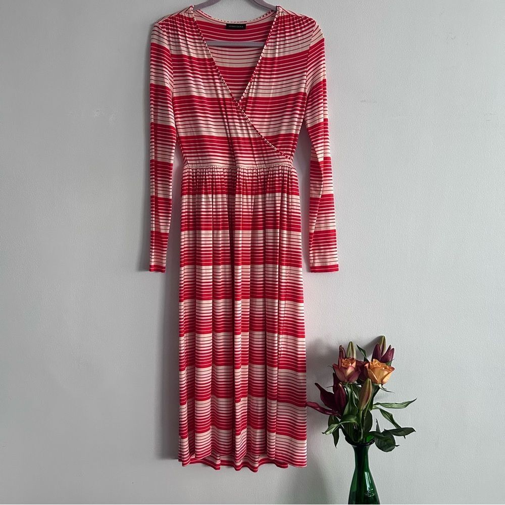 STINE GOYA Alina Red  snd Cream Striped Long Sleeve Midi Dress